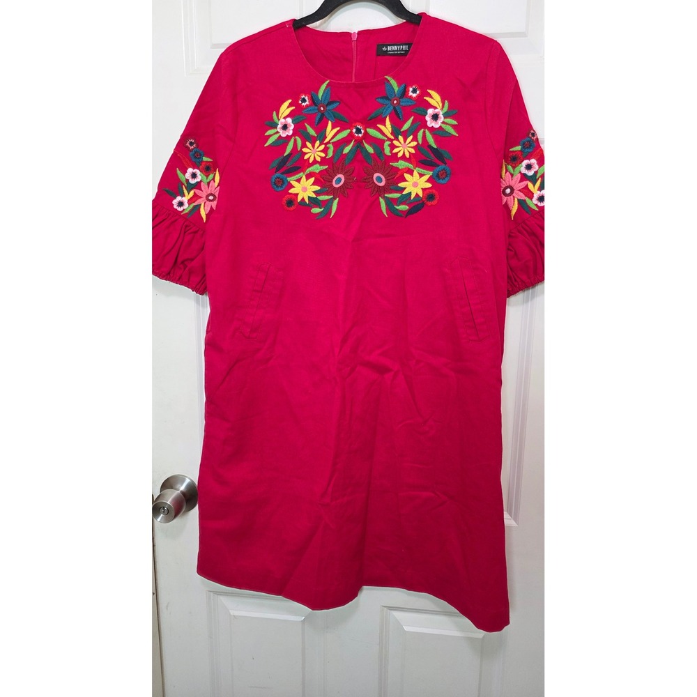 Benny Phil Floral‎ Embroidered Cocktail Dress Womens XL Red Short Boho Mexican
